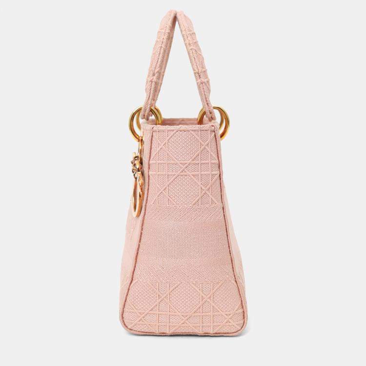 Pre Owned Christian Dior 2020 Pink Cannage Embroidered Canvas Medium Lady D-Lite With Strap