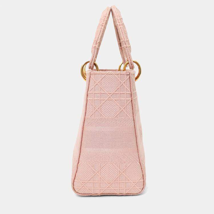Pre Owned Christian Dior 2020 Pink Cannage Embroidered Canvas Medium Lady D-Lite With Strap