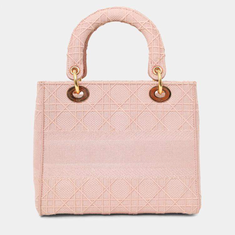 Pre Owned Christian Dior 2020 Pink Cannage Embroidered Canvas Medium Lady D-Lite With Strap