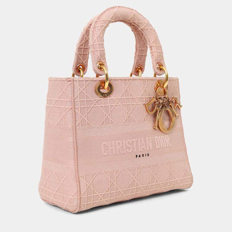 Pre Owned Christian Dior 2020 Pink Cannage Embroidered Canvas Medium Lady D-Lite With Strap