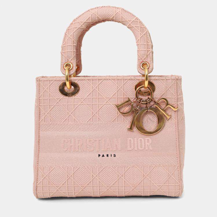 Pre Owned Christian Dior 2020 Pink Cannage Embroidered Canvas Medium Lady D-Lite With Strap