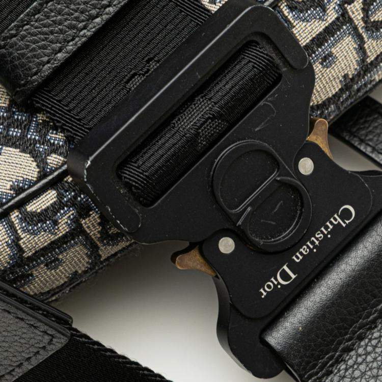 Pre Owned Christian Dior Dior Oblique Saddle Bag Body Shoulder Navy Beige Canvas Leather