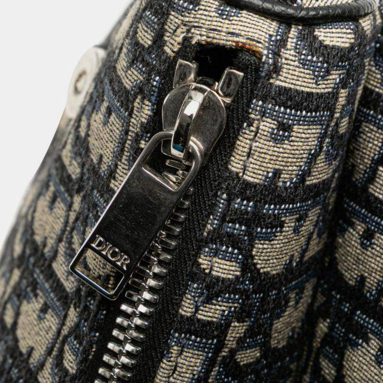 Pre Owned Christian Dior Dior Oblique Saddle Bag Body Shoulder Navy Beige Canvas Leather