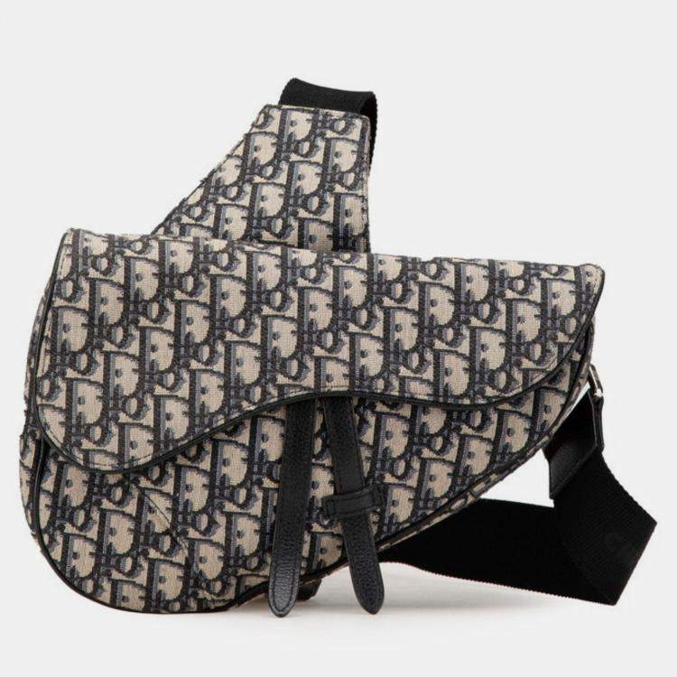 Pre Owned Christian Dior Dior Oblique Saddle Bag Body Shoulder Navy Beige Canvas Leather