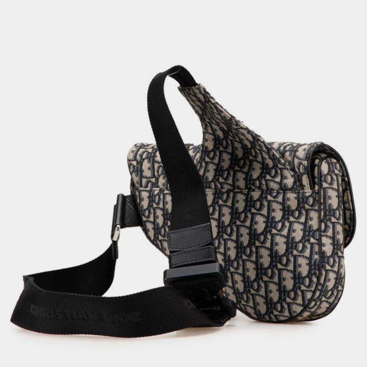 Pre Owned Christian Dior Dior Oblique Saddle Bag Body Shoulder Navy Beige Canvas Leather