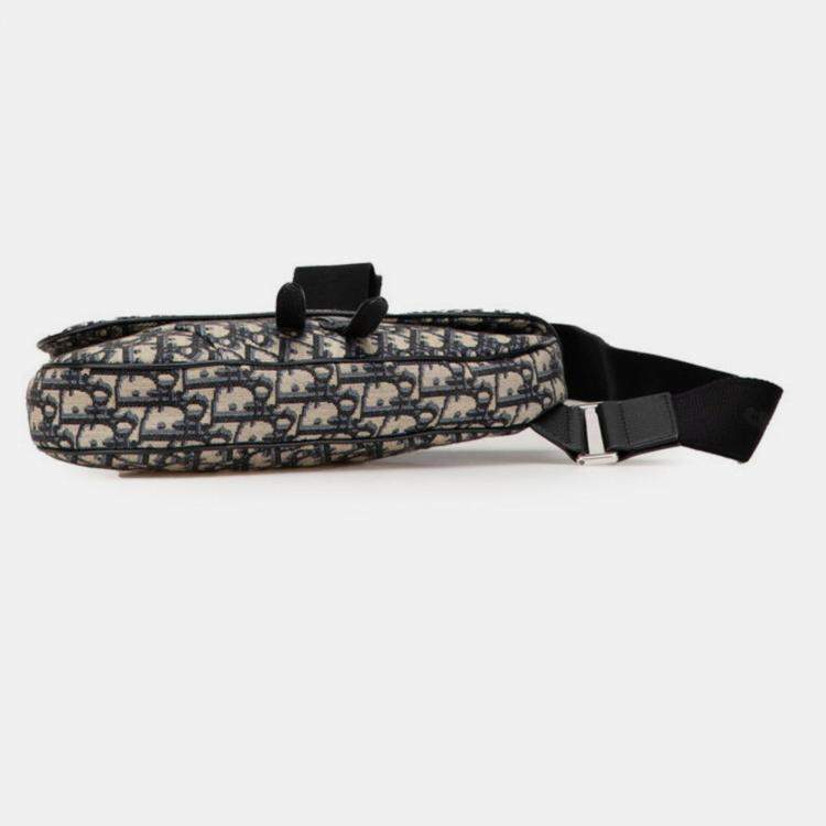 Pre Owned Christian Dior Dior Oblique Saddle Bag Body Shoulder Navy Beige Canvas Leather