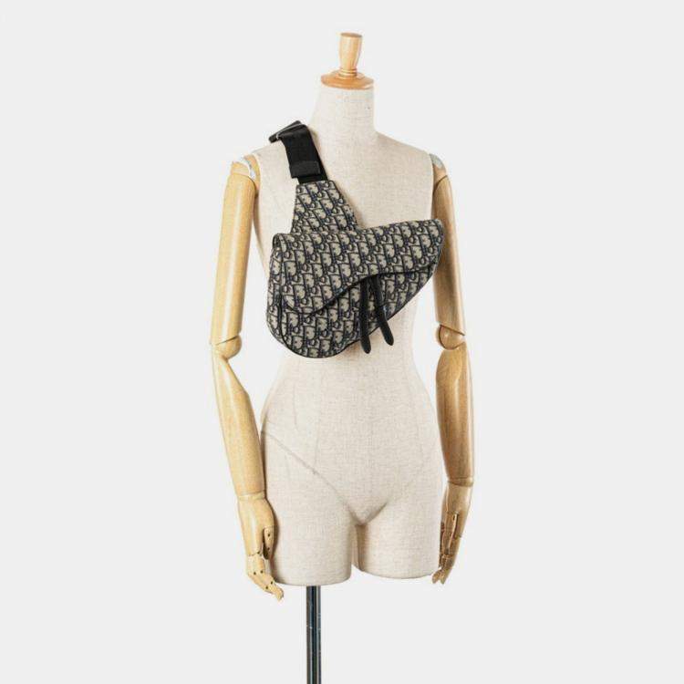 Pre Owned Christian Dior Dior Oblique Saddle Bag Body Shoulder Navy Beige Canvas Leather