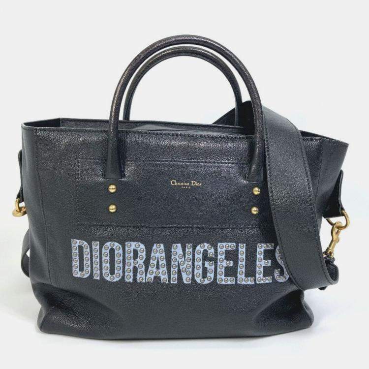 Pre Owned Christian Dior Diorangels Shoulder Bag With Logo Studs Leather Tote Bag Black