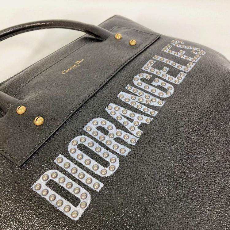 Pre Owned Christian Dior Diorangels Shoulder Bag With Logo Studs Leather Tote Bag Black