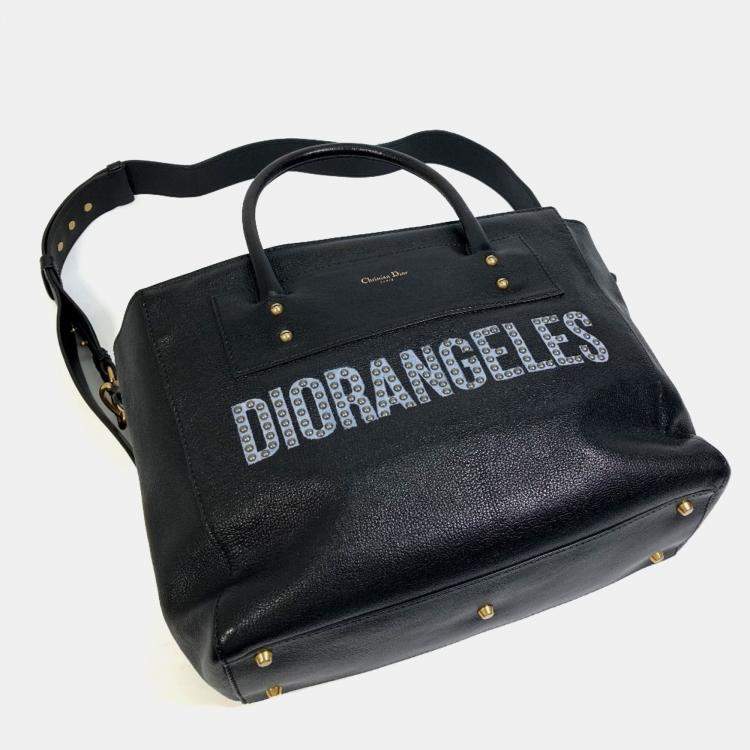 Pre Owned Christian Dior Diorangels Shoulder Bag With Logo Studs Leather Tote Bag Black