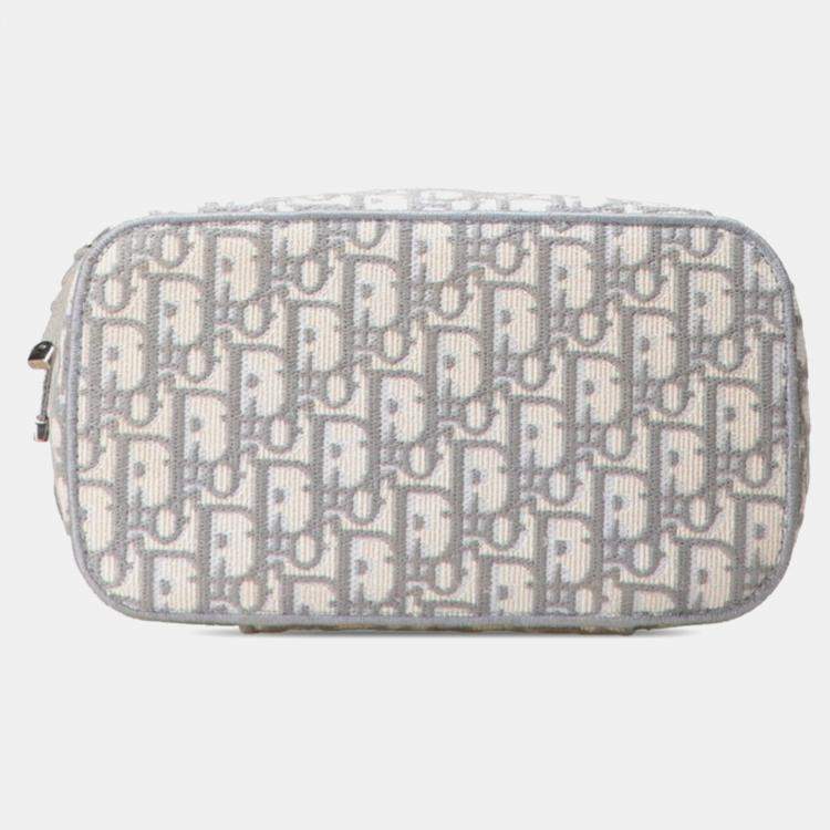 Pre Owned Christian Dior Dior Oblique Travel Vanity Handbag In Gray And White Canvas
