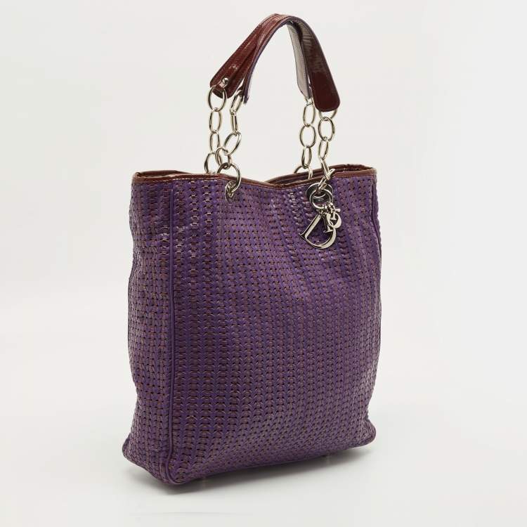 Pre Owned Dior Soft Lady Dior Large Purple Woven Leather and Patent Leather Tote