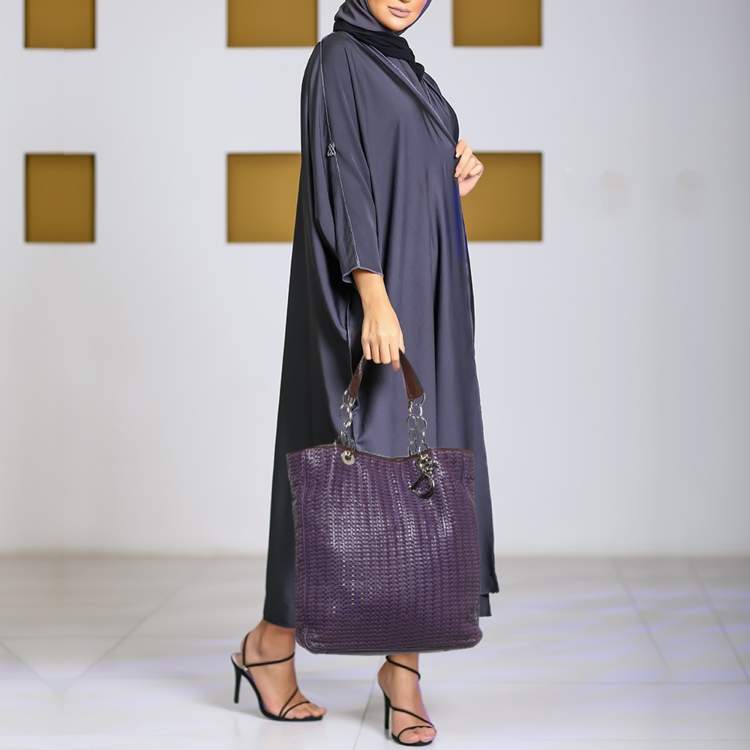 Pre Owned Dior Soft Lady Dior Large Purple Woven Leather and Patent Leather Tote