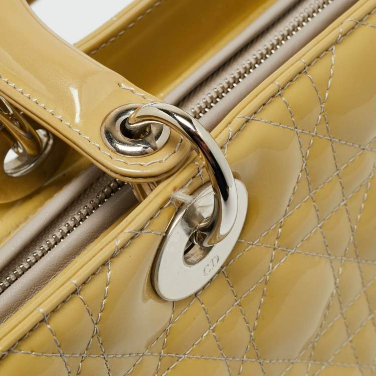 Pre Owned Dior Lady Dior Large Cream Cannage Patent Leather Tote