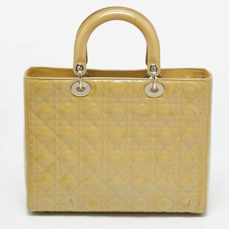 Pre Owned Dior Lady Dior Large Cream Cannage Patent Leather Tote