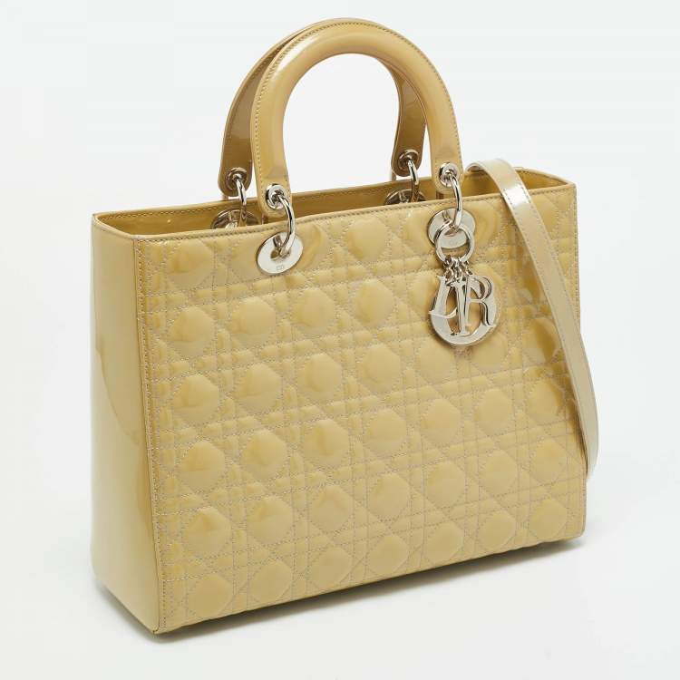 Pre Owned Dior Lady Dior Large Cream Cannage Patent Leather Tote