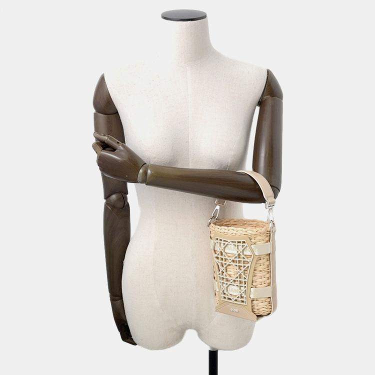 Pre Owned Dior Sahara 2-Way Bucket Bag Beige Raffia Leather Rubber Size Nano