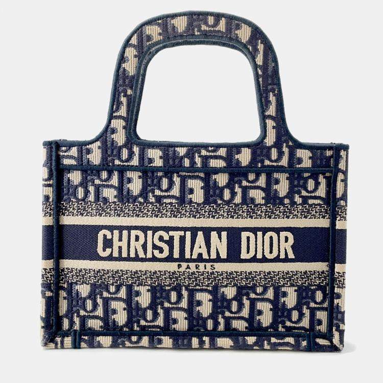 Pre Owned Dior Oblique Book Tote Navy Canvas Size Mini
