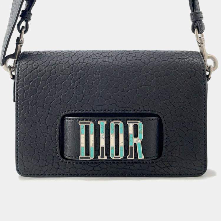 Pre Owned Dior Mosaique Logo Shoulder Bag Black Leather
