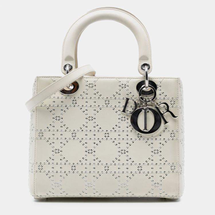Pre Owned Dior White Medium Perforated Calfskin Cannage Lady Dior