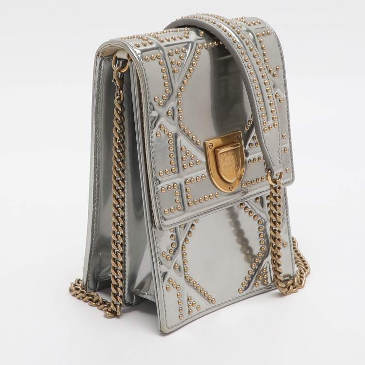 Pre Owned Dior Diorama Silver Studded Leather Vertical Chain Clutch