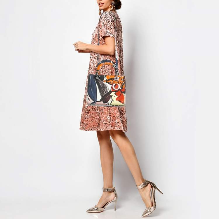 Pre Owned Dior Lady Dior Medium Multicolor Graffiti Satin Tote