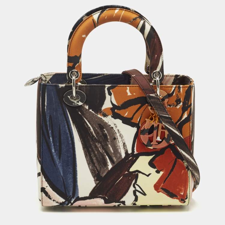 Pre Owned Dior Lady Dior Medium Multicolor Graffiti Satin Tote