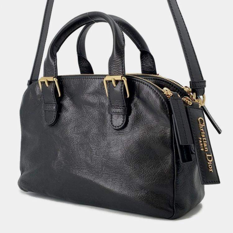 Pre Owned Christian Dior Grand Tour Handbag Crinkled Calfskin Leather Black