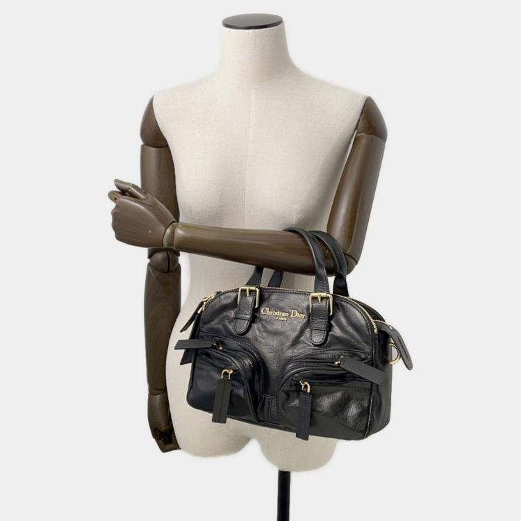 Pre Owned Christian Dior Grand Tour Handbag Crinkled Calfskin Leather Black