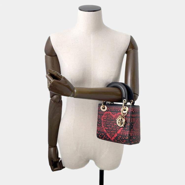 Pre Owned Christian Dior Lady Heart Print Mini Leather Handbag Black