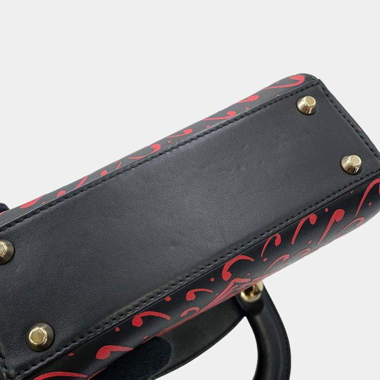 Pre Owned Christian Dior Lady Heart Print Mini Leather Handbag Black