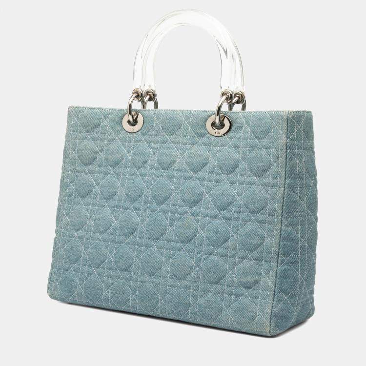 Pre Owned Dior Blue Large Denim Cannage Acrylic Handles Lady Dior