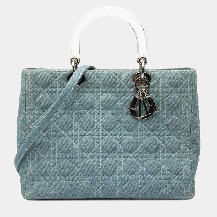 Pre Owned Dior Blue Large Denim Cannage Acrylic Handles Lady Dior