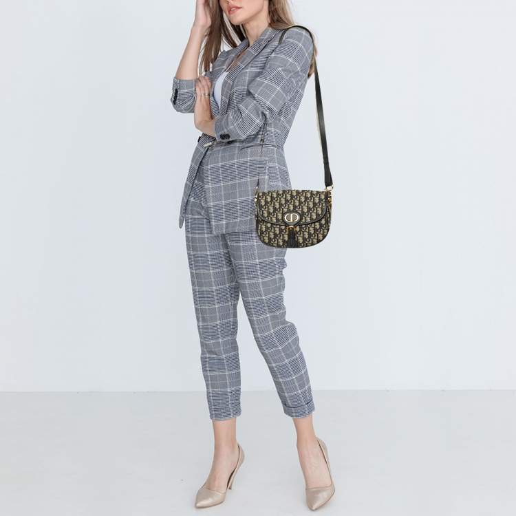 Pre Owned Dior Bobby Medium Navy Blue/Beige Oblique Jacquard and Leather Shoulder Bag