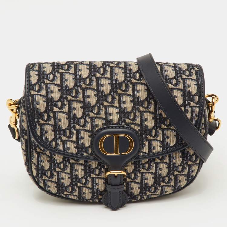 Pre Owned Dior Bobby Medium Navy Blue/Beige Oblique Jacquard and Leather Shoulder Bag