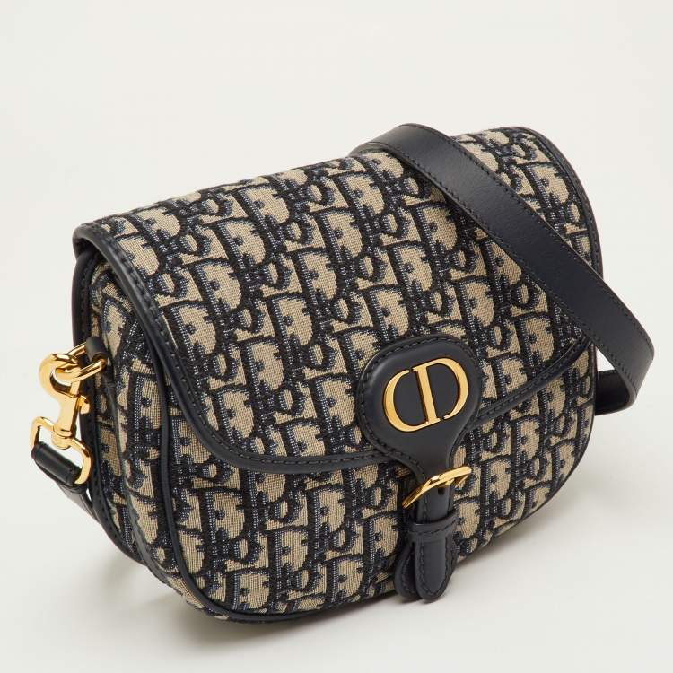 Pre Owned Dior Bobby Medium Navy Blue/Beige Oblique Jacquard and Leather Shoulder Bag