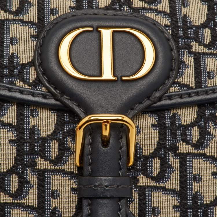 Pre Owned Dior Bobby Medium Navy Blue/Beige Oblique Jacquard and Leather Shoulder Bag