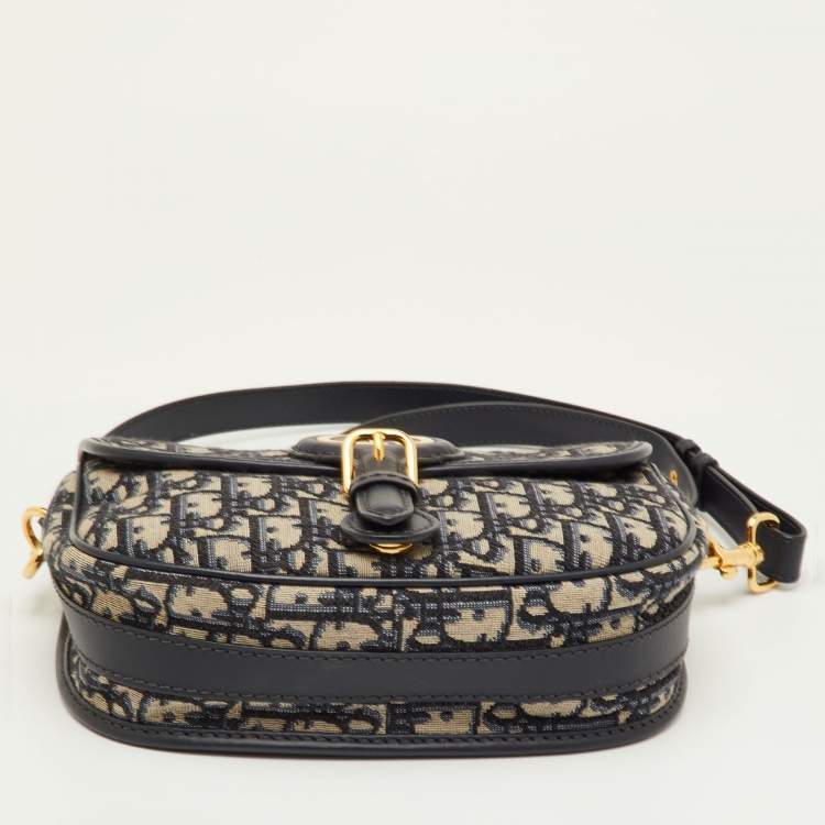 Pre Owned Dior Bobby Medium Navy Blue/Beige Oblique Jacquard and Leather Shoulder Bag