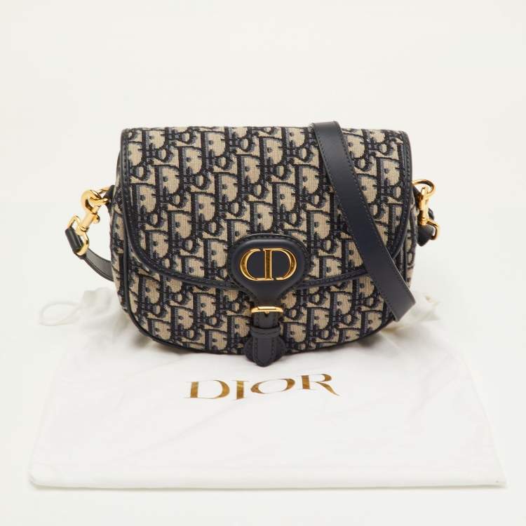 Pre Owned Dior Bobby Medium Navy Blue/Beige Oblique Jacquard and Leather Shoulder Bag