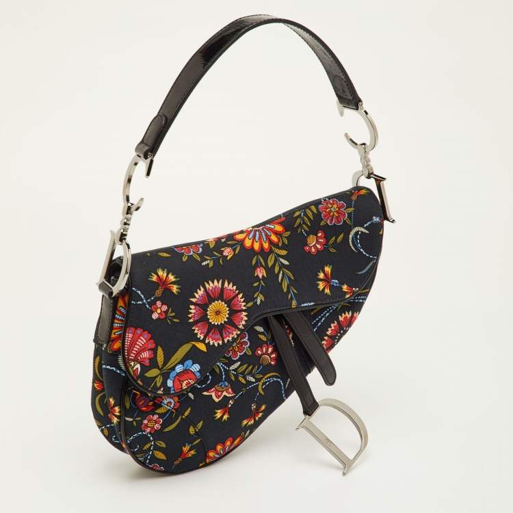 مملوكة مسبقًا Dior Saddle Vintage Black Floral Print Canvas and Patent Leather Shoulder Bag