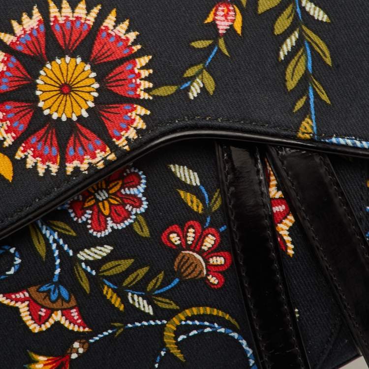 مملوكة مسبقًا Dior Saddle Vintage Black Floral Print Canvas and Patent Leather Shoulder Bag