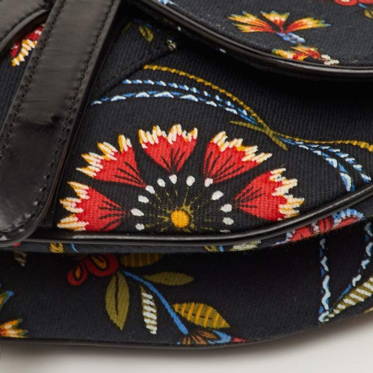مملوكة مسبقًا Dior Saddle Vintage Black Floral Print Canvas and Patent Leather Shoulder Bag