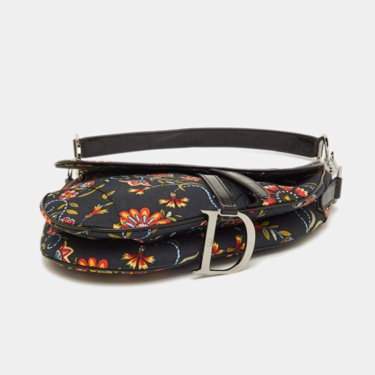 مملوكة مسبقًا Dior Saddle Vintage Black Floral Print Canvas and Patent Leather Shoulder Bag