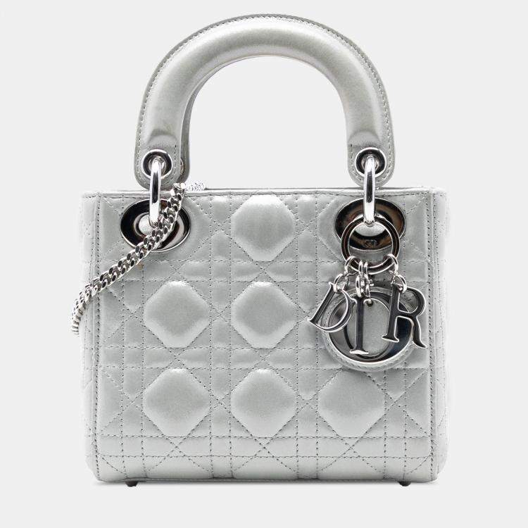 Pre Owned Dior Silver Mini Iridescent Lambskin Cannage Lady Dior