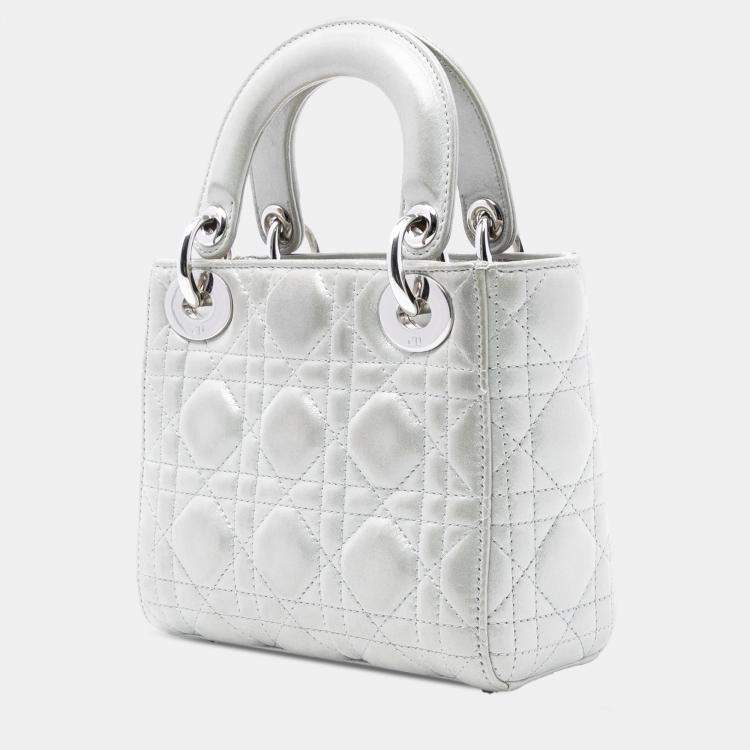 Pre Owned Dior Silver Mini Iridescent Lambskin Cannage Lady Dior