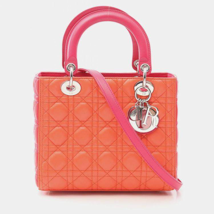 Pre Owned Christian Dior Lady Dior Shoulder Handbag Leather Coral Orange Pink