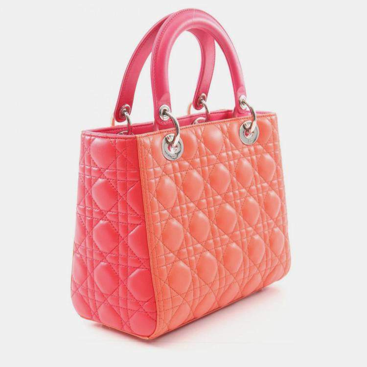 Pre Owned Christian Dior Lady Dior Shoulder Handbag Leather Coral Orange Pink