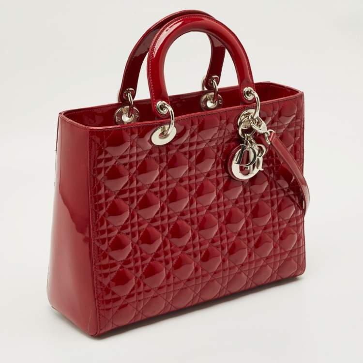 Pre Owned Dior Lady Dior Large Red Cannage Patent Leather Tote