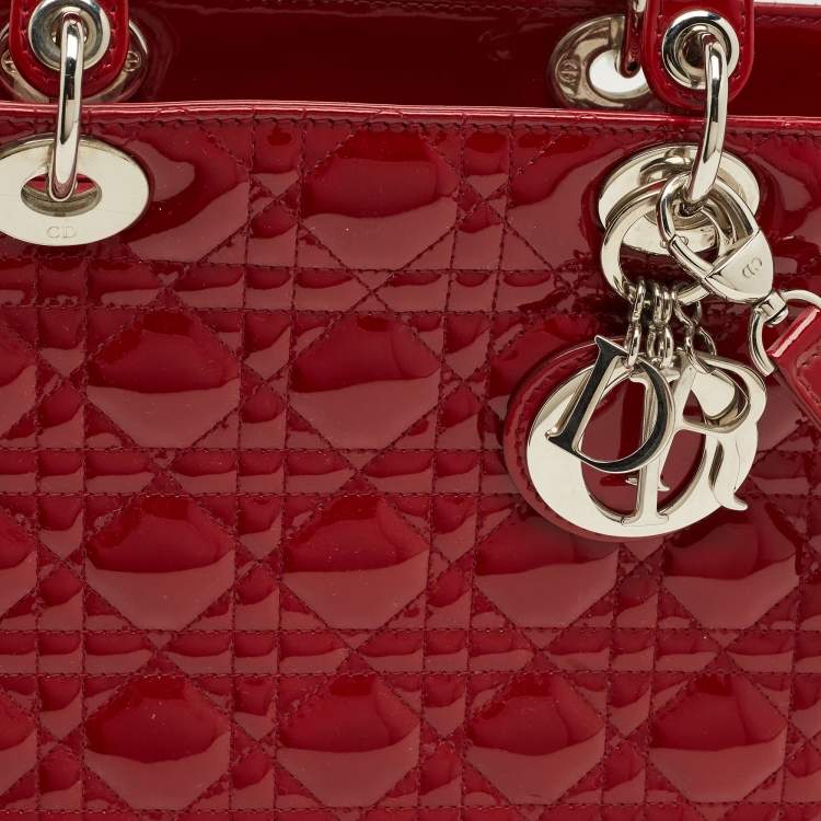 Pre Owned Dior Lady Dior Large Red Cannage Patent Leather Tote