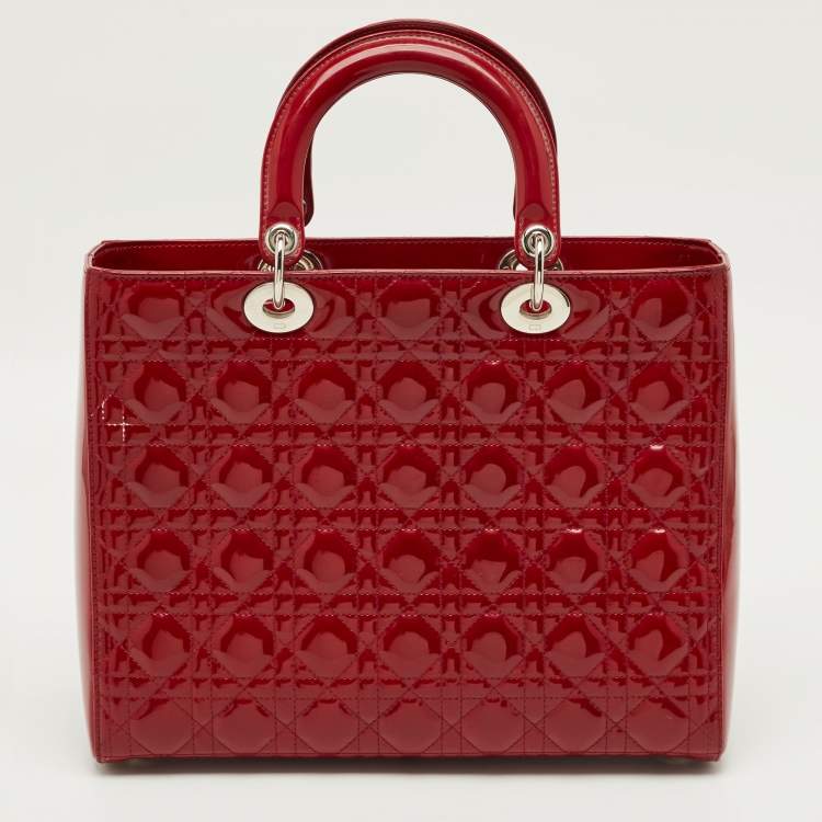 Pre Owned Dior Lady Dior Large Red Cannage Patent Leather Tote